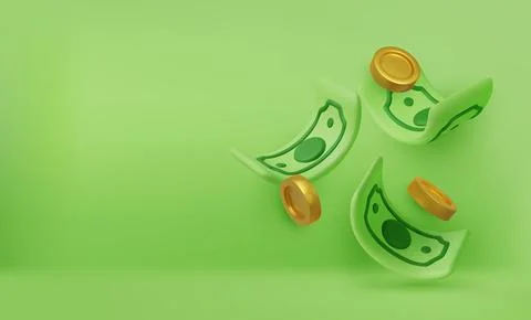 3D falling hundred dollars and gold coins. Cartoon paper currency and coins Stock Illustration