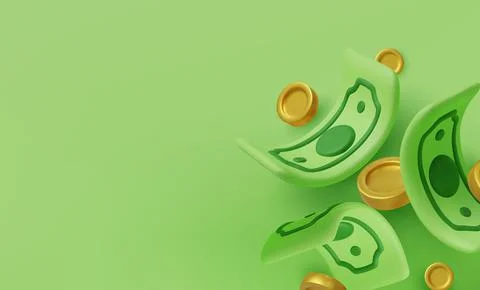 3D falling hundred dollars and gold coins. Cartoon paper currency and coins Illustrazione stock