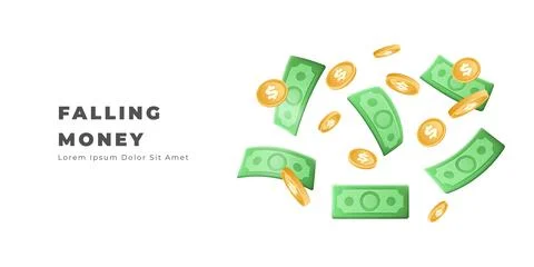 3d falling money, dollar background. Flying cash, golden coins, stack of green Illustrazione stock
