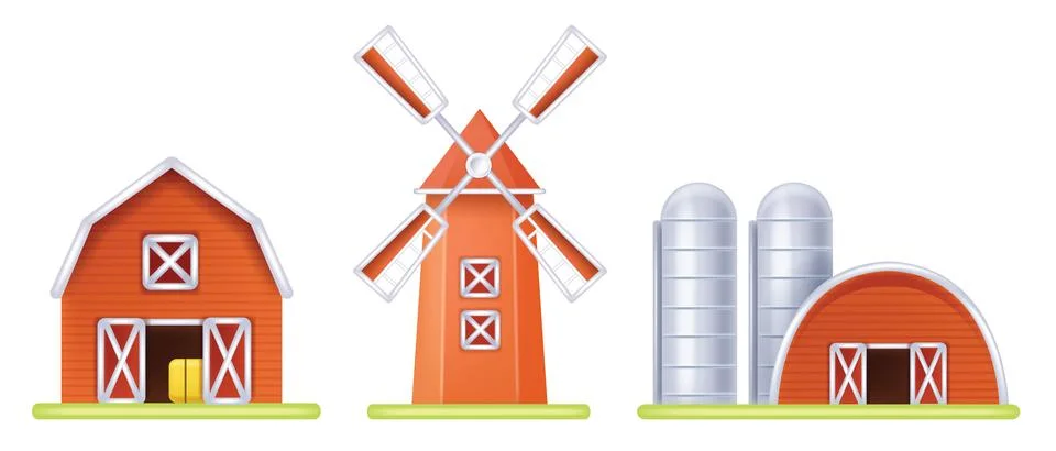 3D farm barn icon, vector mill house front view, red silo cartoon agriculture Illustrazione stock