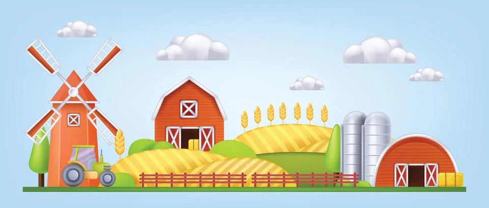 3D farm barn landscape, vector mill house front view, red silo Illustrazione stock