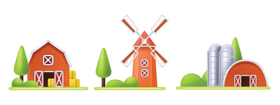 3D farm barn vector icon, mill house front view, red silo cartoon agriculture Illustrazione stock