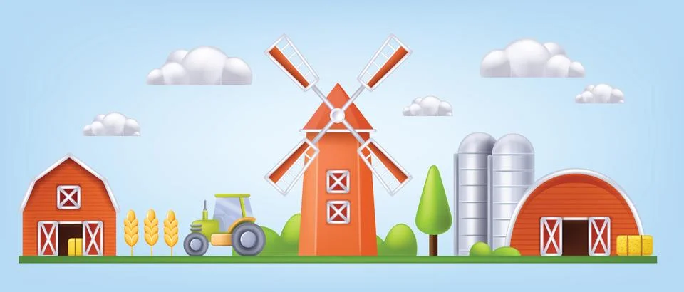 3D farm barn vector landscape, mill house front view, red silo cartoon Illustrazione stock