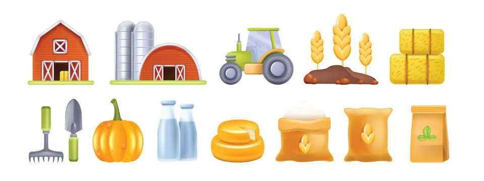 3D farm icon set, vector agriculture produce market pictogram Stock Illustration