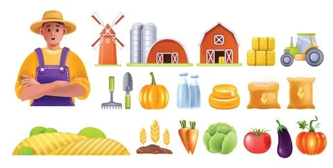 3D farm vector icon set, agriculture produce market pictogram Stock Illustration