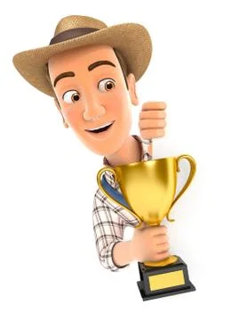 3d farmer behind left wall and holding trophy cup Stock Illustration