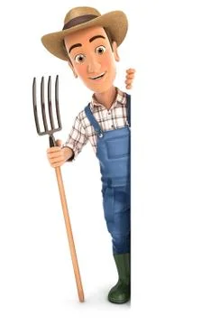 3d farmer with fork behind blank wall Stock Illustration