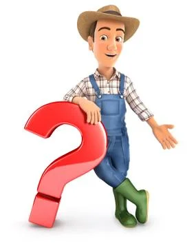 3d farmer leaning against question mark Illustrazione stock