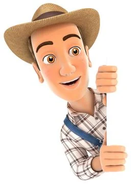 3d farmer peeping over blank wall Stock Illustration