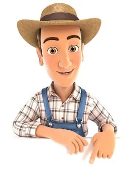 3d farmer pointing to empty wall Stock Illustration