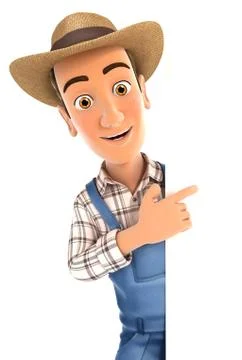 3d farmer pointing to right blank wall Stock Illustration