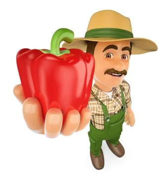3D Farmer with a red pepper from his harvest Stock Illustration
