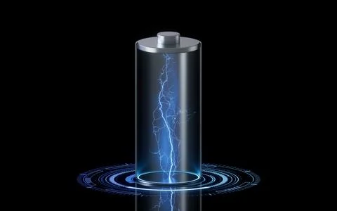 3D fast charge battery on black background, energy technology concept, 3d r.. Illustrazione stock