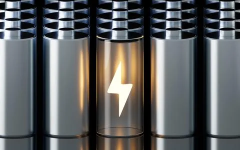 3D fast charge battery on black background, energy technology concept, 3d r.. Illustrazione stock