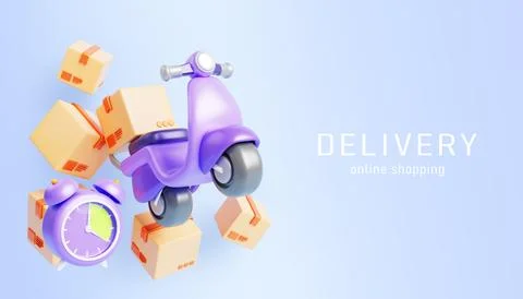 3d fast order delivery render banner. Scooter with box and countdown clock Ilustración de archivo