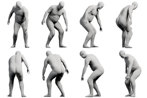 3D Fat Man bending 8-View Matte Black White Stock Illustration
