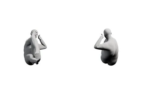3D Fat Man crouching 2-View Matte Black White Stock Illustration