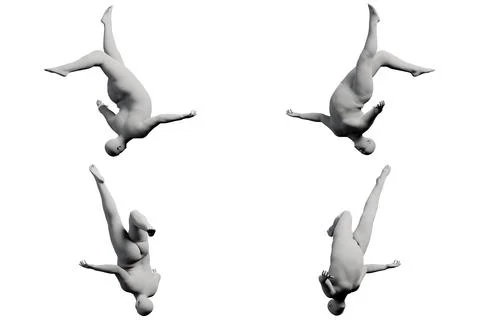 3D Fat Man falling 4-View Matte Black White Stock Illustration