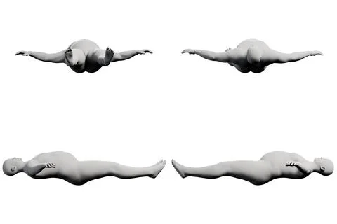 3D Fat Man floating 4-View Matte Black White Stock Illustration