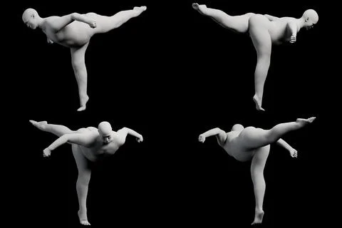 3D Fat Man kicking 4-View Matte Black Black Stock Illustration