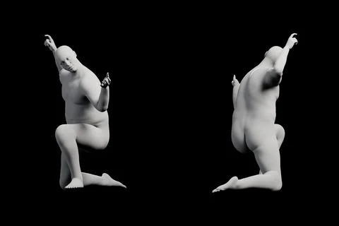 3D Fat Man kneeling 2-View Matte Black Black Stock Illustration