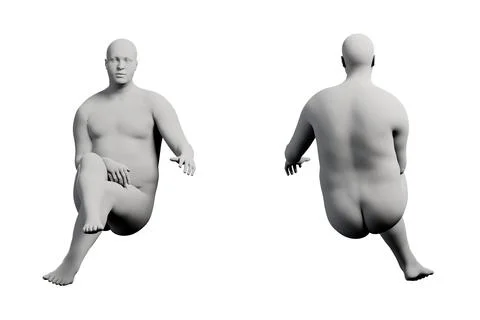 3D Fat Man kneeling 2-View Matte Black White Stock Illustration