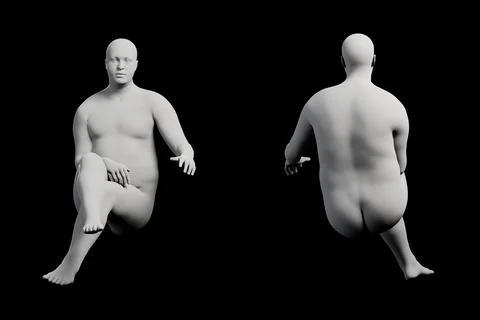 3D Fat Man kneeling 2-View Matte Black Black Stock Illustration