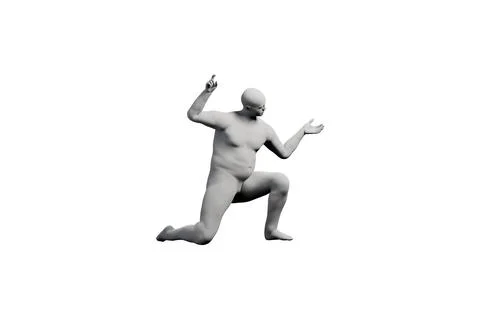 3D Fat Man kneeling Left Side View Matte Black White Stock Illustration