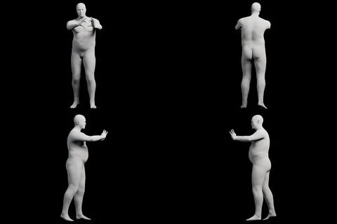 3D Fat Man posing 4-View Matte Black Black Stock Illustration