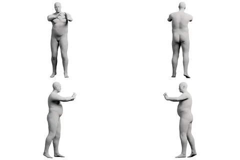 3D Fat Man posing 4-View Matte Black White Stock Illustration
