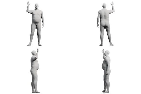 3D Fat Man posing 4-View Matte Black White Stock Illustration