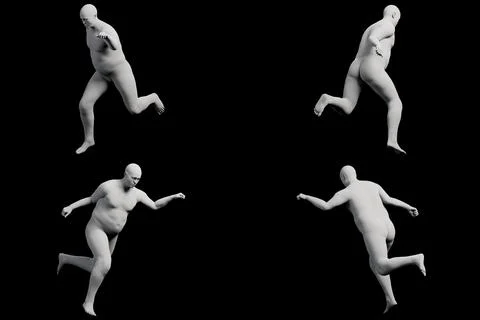 3D Fat Man running 4-View Matte Black Black Stock Illustration