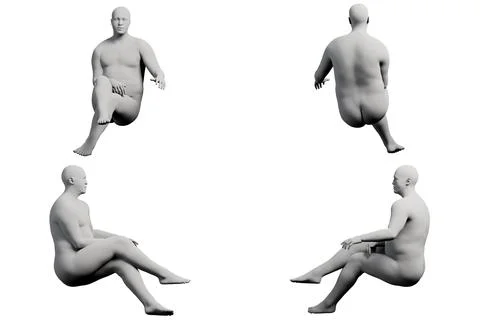3D Fat Man sitting 4-View Matte Black White Illustrazione stock