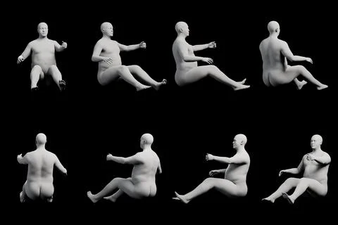 3D Fat Man sitting 8-View Matte Black Black Stock Illustration