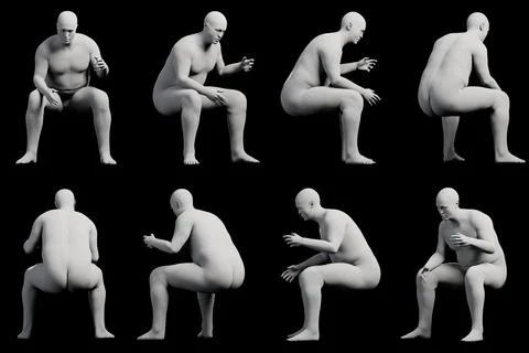 3D Fat Man sitting 8-View Matte Black Black Stock Illustration
