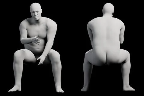 3D Fat Man squatting 2-View Matte Black Black Stock Illustration