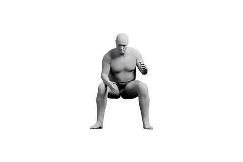 3D Fat Man squatting Front View Matte Black White Stock Illustration