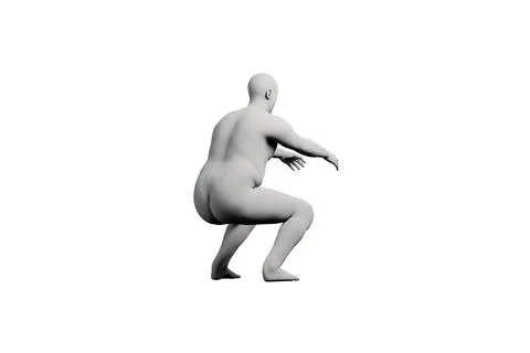 3D Fat Man squatting Left Back Three-Quarter View Matte Black White Stock Illustration