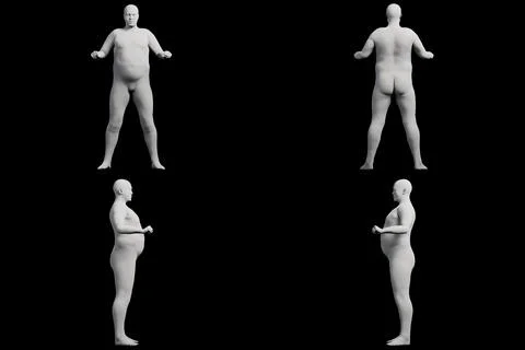 3D Fat Man standing 4-View Matte Black Black Stock Illustration