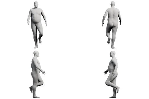3D Fat Man standing 4-View Matte Black White Stock Illustration