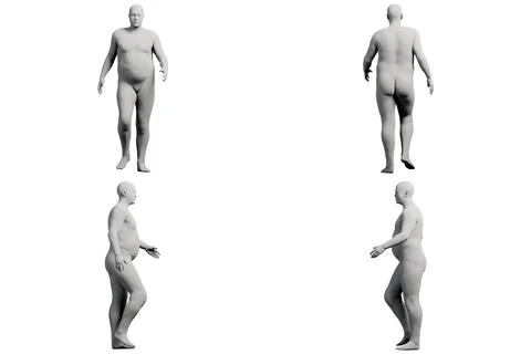 3D Fat Man standing 4-View Matte Black White Stock Illustration