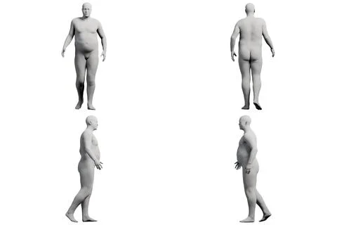 3D Fat Man standing 4-View Matte Black White Stock Illustration