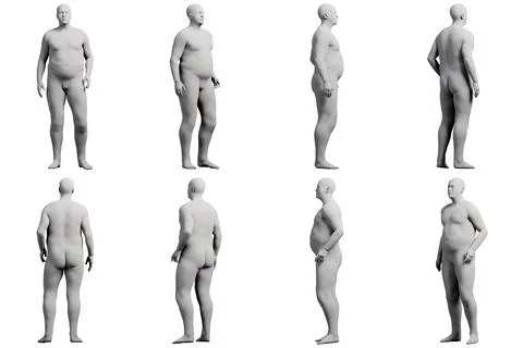 3D Fat Man standing 8-View Matte Black White Stock Illustration