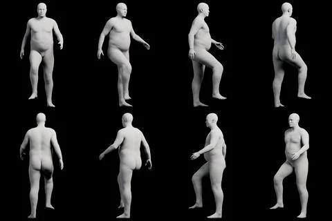 3D Fat Man standing 8-View Matte Black Black Stock Illustration