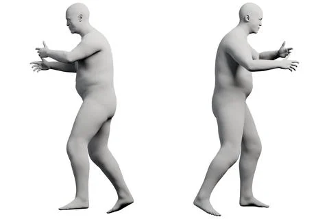 3D Fat Man walking 2-View Matte Black White Stock Illustration