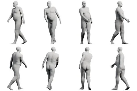 3D Fat Man walking 8-View Matte Black White Stock Illustration