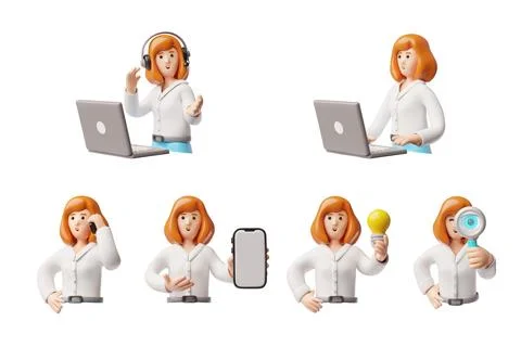3D female character set with headset, laptop, smartphone, light bulb, and Stock Illustration