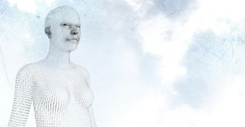 3D female shaped binary code against sky and clouds Stock Illustration