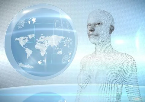 3D female shaped binary code AI against globe and flares Stock Illustration