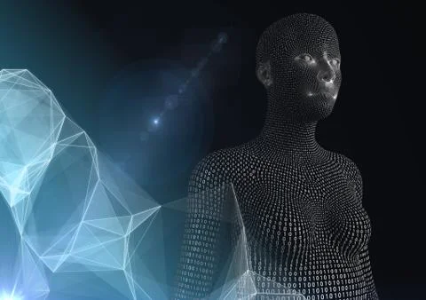 3D female shaped binary code against dark background with digital cloud Stock Illustration